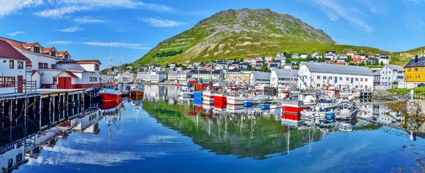 Panoramic view of Honningsvag town from the port in Mageroya isl Stock Photo