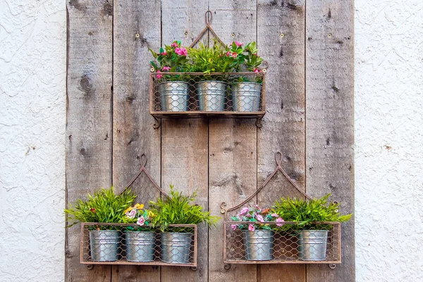 Flowers hanging in metallic pots