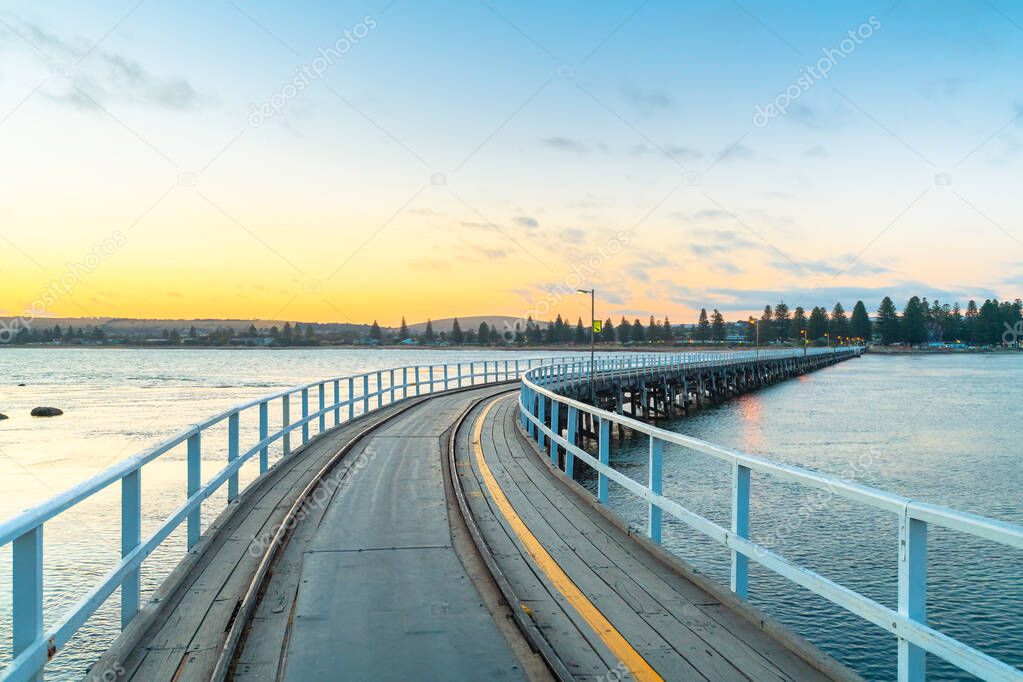 Victor Harbor Causeway at sunset viewed from Granite Island, Encounter Bay, South Australia