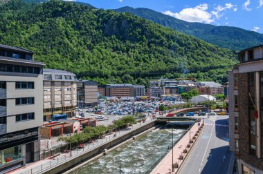 Cityscape the river Valira in Andorra la Vella city.