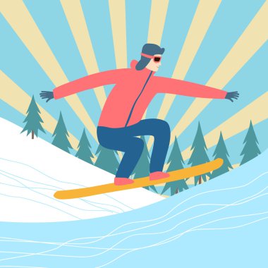 Karikatür uçan snowboarder posteri