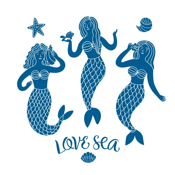 Illustrazione del fumetto marino con belle sirene — Vettoriale Stock