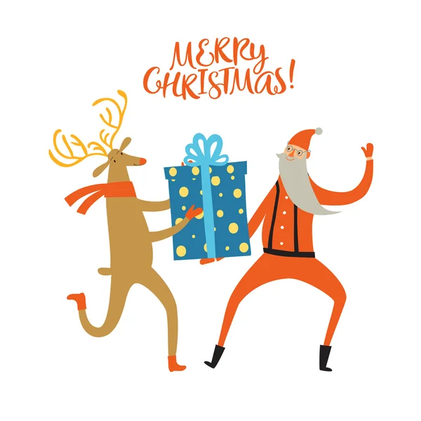 Weihnachtsmann und Hirsch mit Geschenk — Stockvektor