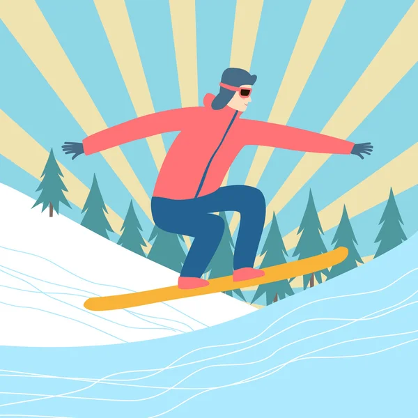 Cartel de snowboarder volador de dibujos animados — Vector de stock