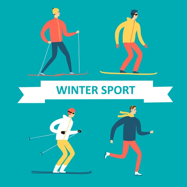 Winter athletes cartoon set — ストックベクタ