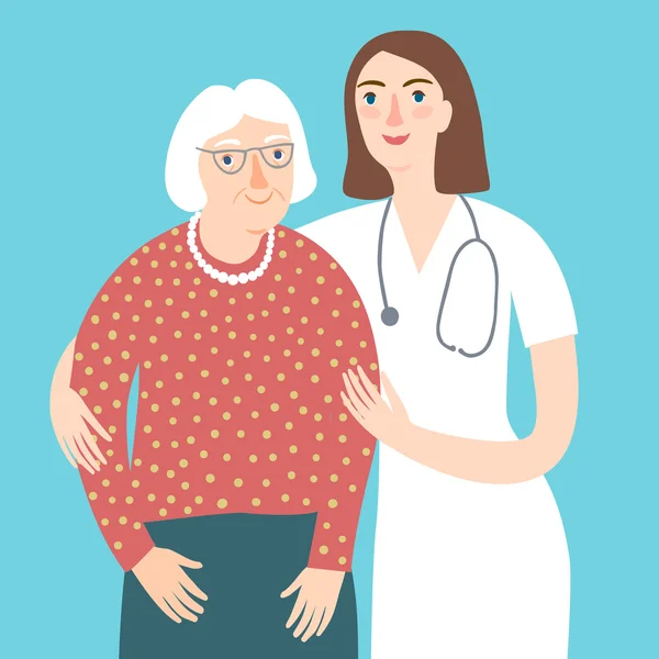 Mujer médico y y anciana — Vector de stock