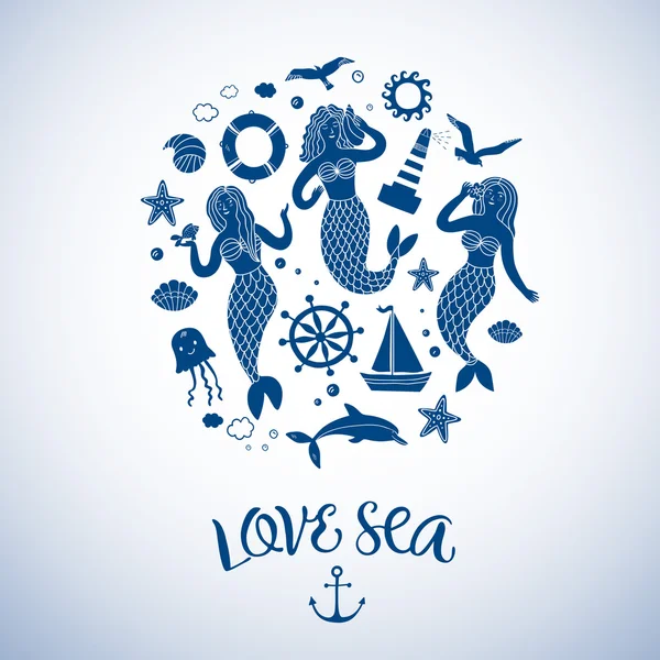 Sea icons cartoon set with lovely mermaids — Stock Vector