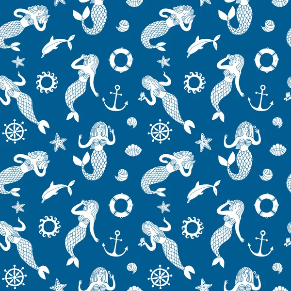 Nahtloses Muster mit schönen Karikatur-Meerjungfrauen — Stockvektor