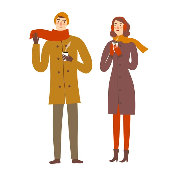 Pasangan mengenakan pakaian musim dingin sambil memegang kopi panas - Stok Vektor