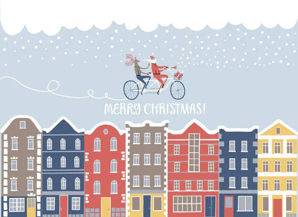 Weihnachtsmann und Hirsch auf dem Fahrrad über der Stadt — Stockvektor
