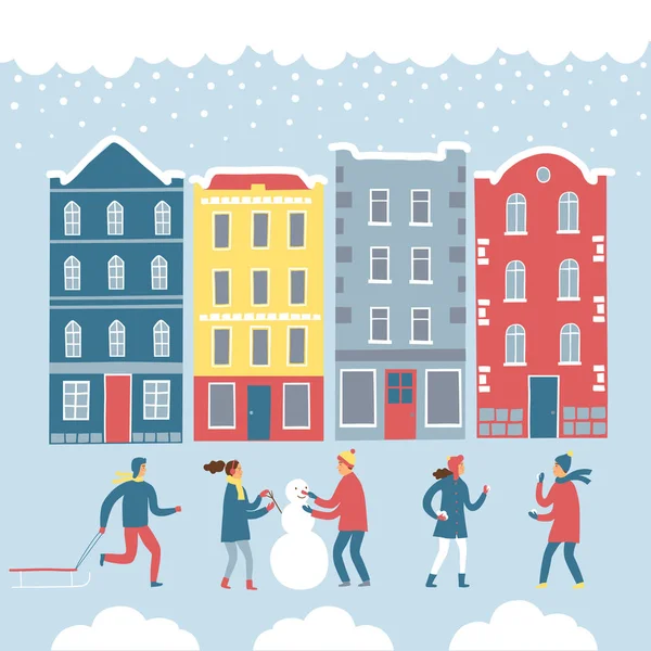 Byggnader och spela barn vinter — Stock vektor