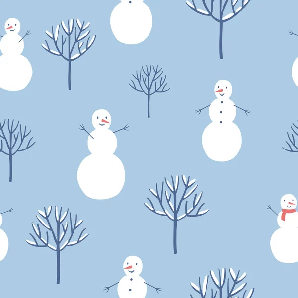 Seamless background with snowman and trees. — Stock Vector