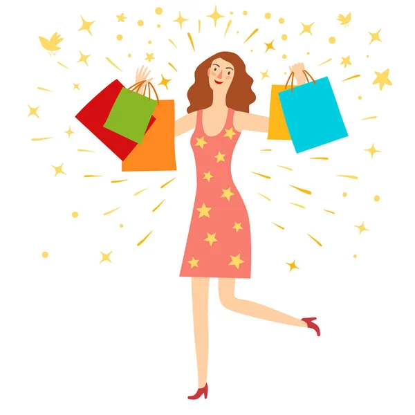 Chica feliz con bolsas de compras — Vector de stock