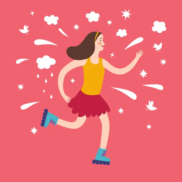 Ευτυχισμένος καρτούν κορίτσι ιππασία σε roller-skates. — Διανυσματικό Αρχείο
