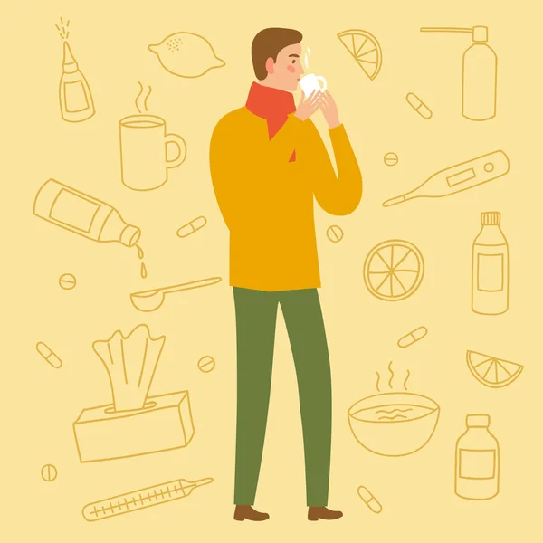 Man drinken een remedie voor koude en griep — Stockvector