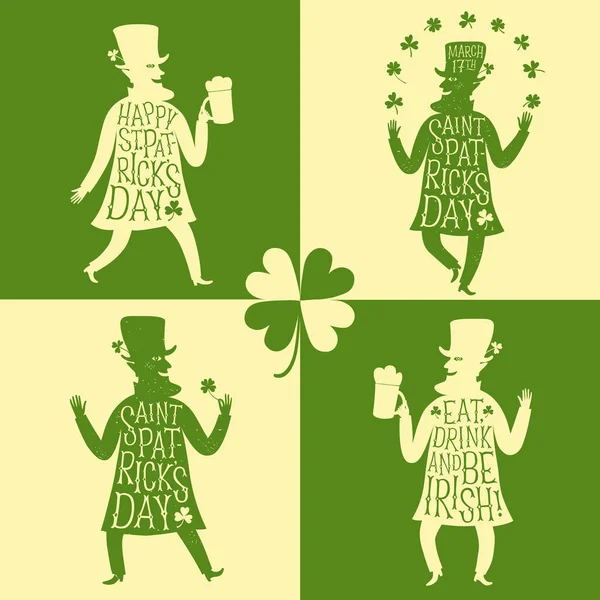 Cartoon leprechauns silhouette set with greeting — Stock Vector