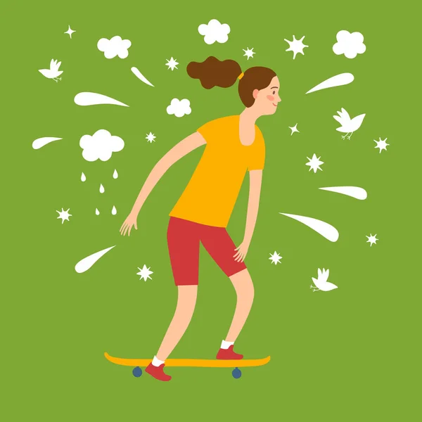 スケート ボードに乗って幸せな漫画の女の子 — ストックベクタ