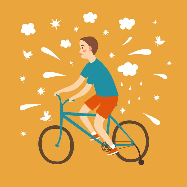 Feliz niño de dibujos animados aprendiendo a montar en bicicleta — Vector de stock