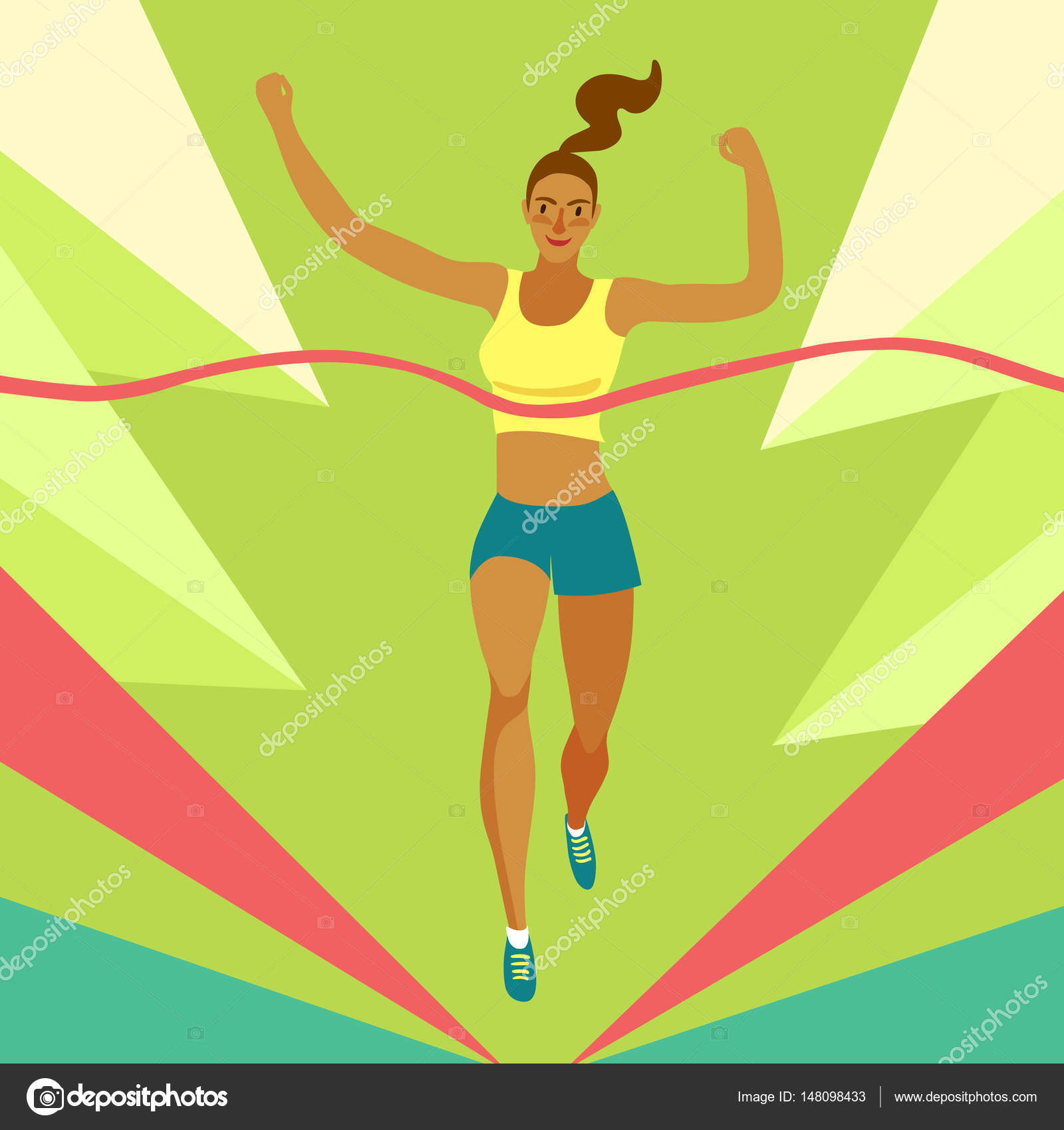 Dynamic running girl crossing finish line — Stock Vector © shtonado 148098433
