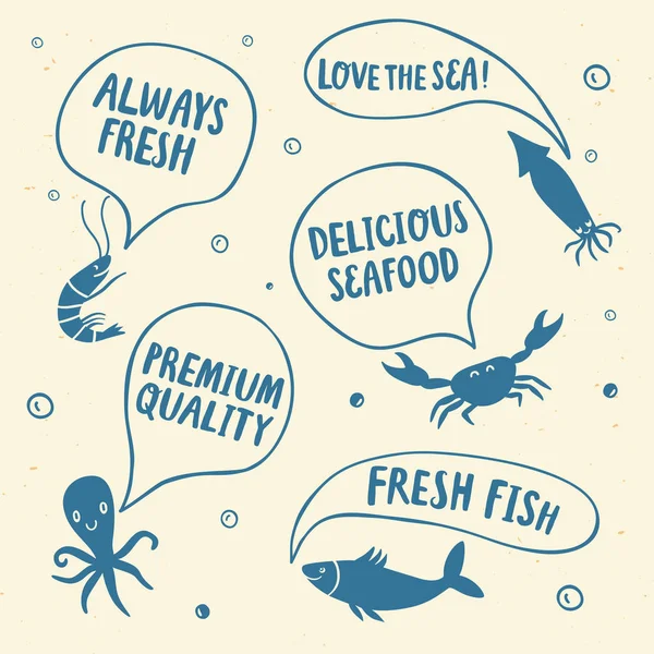 Affiche de dessin animé sur les fruits de mer avec bulle vocale — Image vectorielle