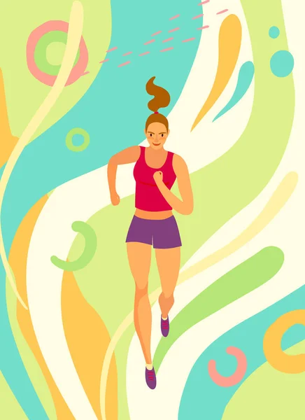 Chica corriendo dinámica sobre fondo decorativo — Vector de stock