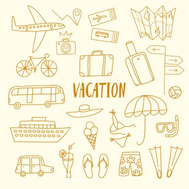 Yaz tatil karikatür doodle renkli seti