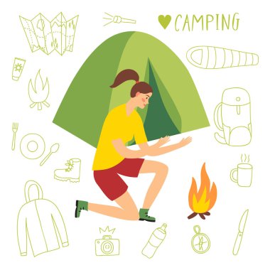 Çadır ve ateş yakınında oturan kız camper