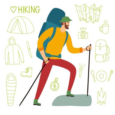Gezgin büyük bir sırt çantası ve trekking direkleri