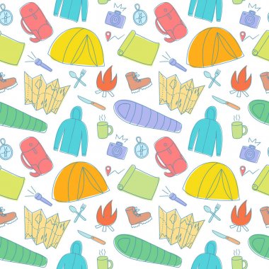Yürüyüş ve kamp şeyler seamless modeli doodle