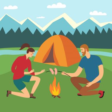 Çizgi film Gezgin kadınla trekking direkleri