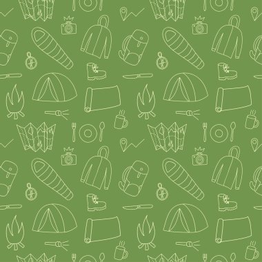Yürüyüş ve kamp malzeme ile Seamless Modeli doodle