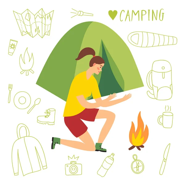 Çadır ve ateş yakınında oturan kız camper — Stok Vektör