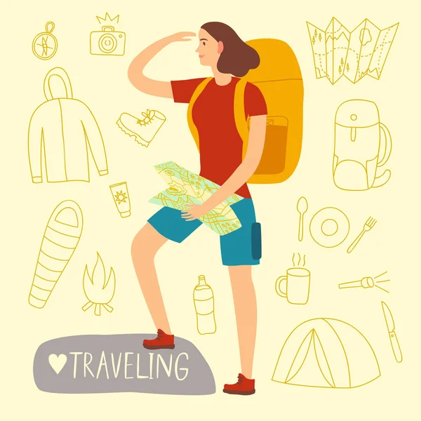 Traveler girl with a large backpack and map — Stock Vector