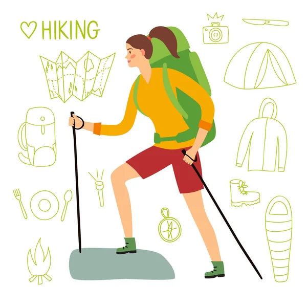 Mulher viajante dos desenhos animados com postes de trekking — Vetor de Stock