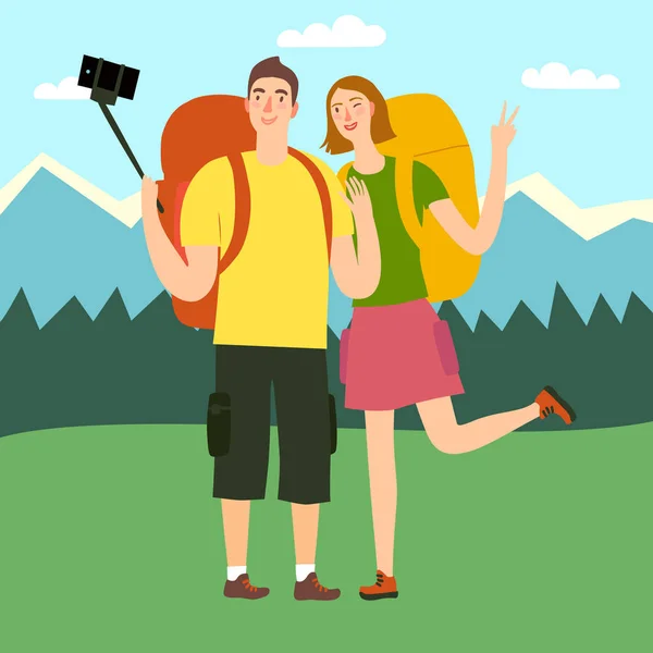 Viaggiatori coppia facendo foto selfie — Vettoriale Stock