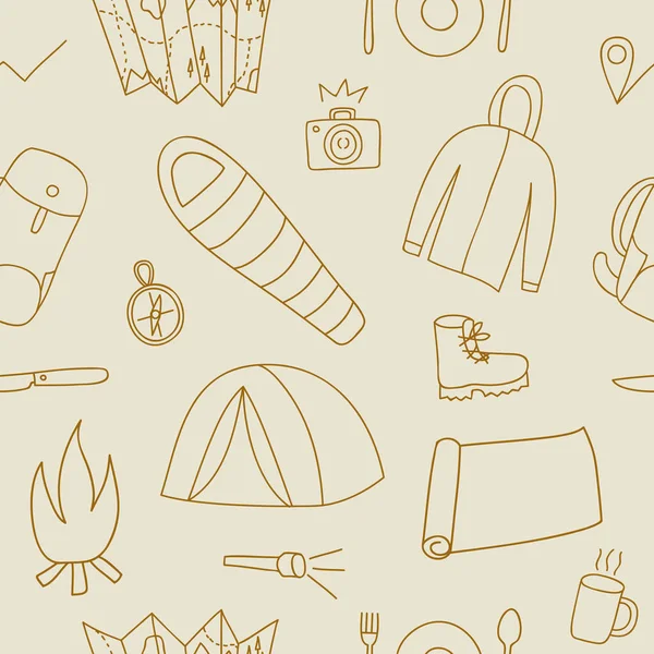 Doodle modèle sans couture de randonnée et de camping trucs — Image vectorielle