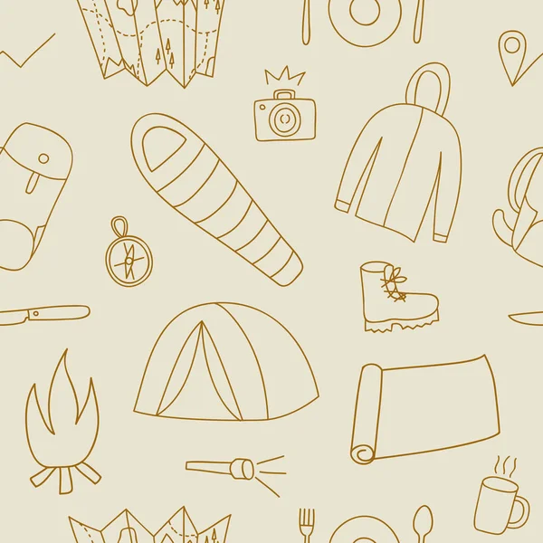 Doodle sömlösa mönster av vandring och camping grejer — Stock vektor