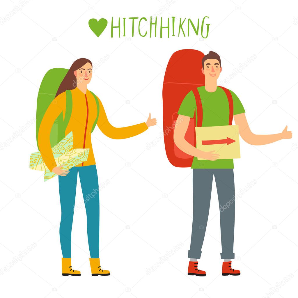 Cartoon hitchikers pair with a large backpacks