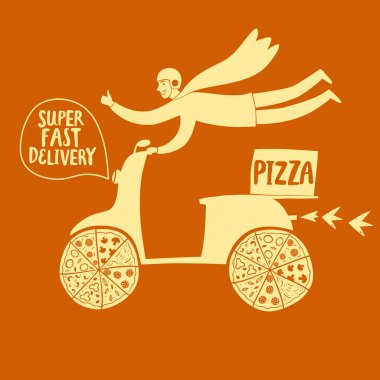 Elle çizilmiş hızlı motosikletçi pizza ile