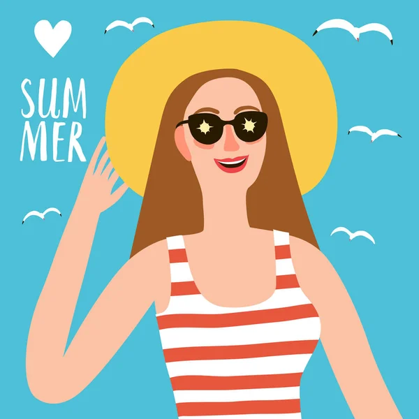 Tecknade sommar flickan bär hatt och glasögon — Stock vektor