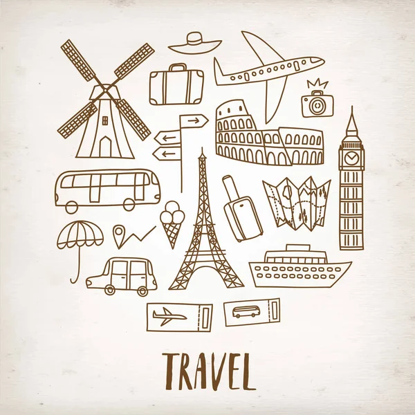 Doodle travel drawings on old paper background — Stock Vector