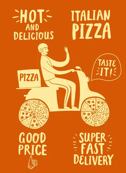Cartoon snabb motorcyklist med italiensk pizza och titlar — Stock vektor