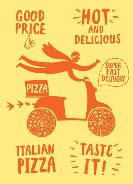 Motociclista rápido de dibujos animados con pizza italiana y títulos — Vector de stock