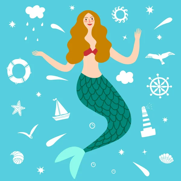 Lovely mermaid with decorative elements on background — Stock Vector