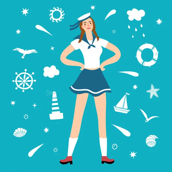 Girl sailor with decorative elements on background — Stock Vector