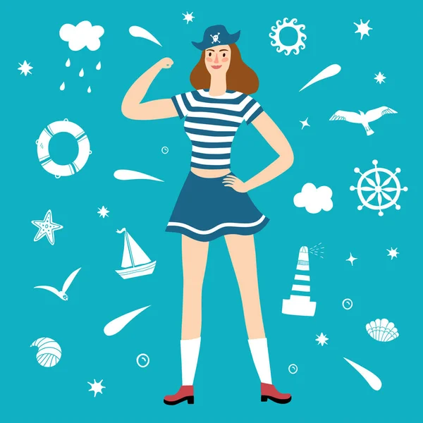 Girl pirate with decorative elements on background — Stock Vector