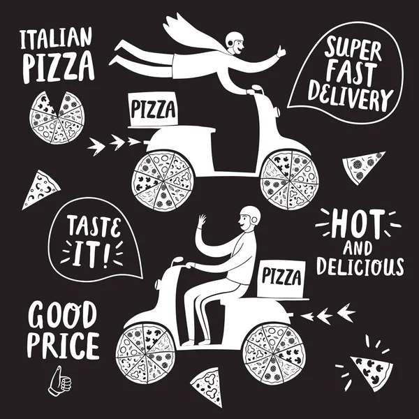 Juego de ilustración de entrega de pizza — Vector de stock