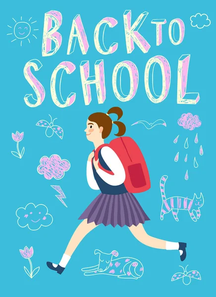 Happy cartoon schoolgirl running with backpack — Stock Vector