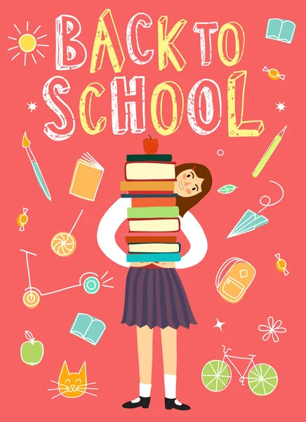 Cartoon schoolgirl holding books — Stock Vector