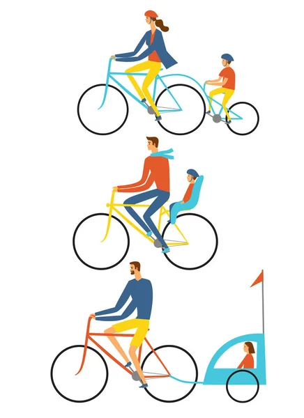 Padres e hijos montando juntos una bicicleta . — Vector de stock